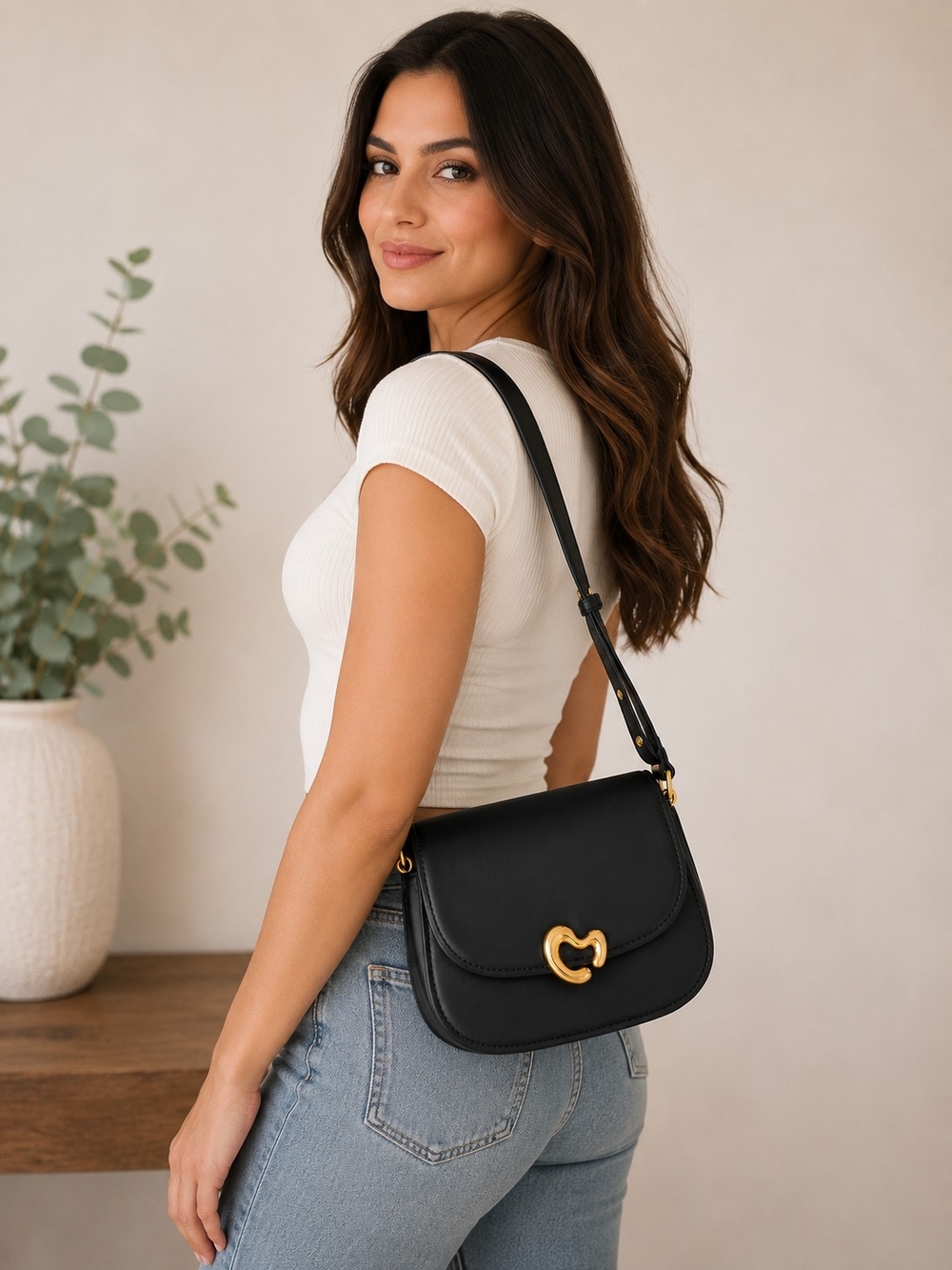 Scarleton Black Crossbody Shoulder Bag | Gold Hardware | Classic Flap Purse